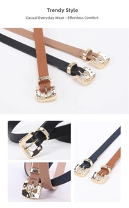 Detail of slim waist belts with golden hammered metal buckles in various classic colors