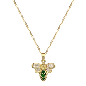 Luxurious gold bee necklace with green gemstone and pavé rhinestones on chain