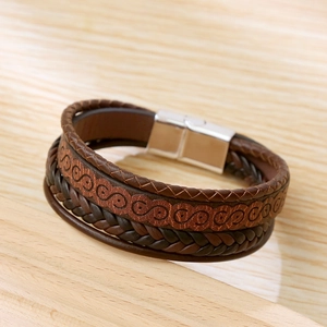 Men's multilayer braided PU leather bracelet with brown straps and silver magnetic clasp