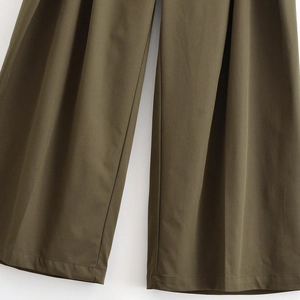 Deep olive wide leg high waist trousers with premium woven fabric and neat hem details