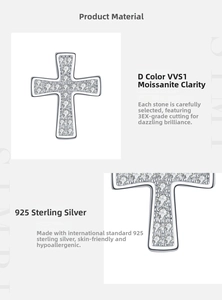 Detailed view of S925 sterling silver cross studs featuring D color VVS1 moissanite