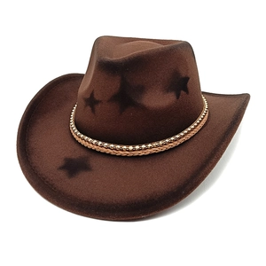 Brown wool felt western cowboy hat with star pattern and beaded bohemian hatband