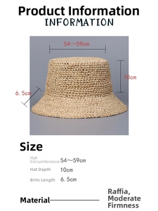 Size chart for raffia bucket hat showing 54-59cm circumference and 10cm depth measurements