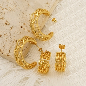 Hollow C Shaped Hoop Earrings 304 Stainless Steel 18K Gold Plated Woven Chain Twisted Rope Vintage Minimalist For Women
