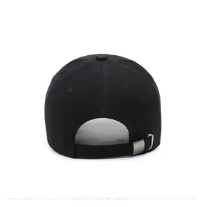 Detailed back view of a black baseball cap featuring an adjustable metal buckle strap