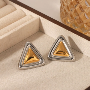 Minimalist two-tone geometric triangle stud earrings in gold and silver stainless steel