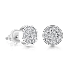 Macro detail of silver round stud earrings with full zircon stones and screw back closure