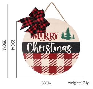 Round Christmas wooden door sign with buffalo plaid bow and Merry Christmas text
