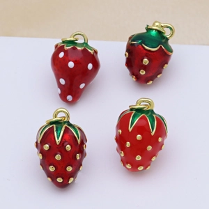 Chic strawberry enamel pendant necklaces with red fruit and green leaves in gold finish