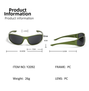 Detailed specs of Y2K olive green sports sunglasses with PC frame and dimensions