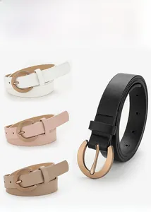 Flat lay of women's alloy pin buckle belts in white, pink, beige and black colors