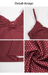 Detail design showing V-neck, red polka dot fabric texture and delicate bow on crop top