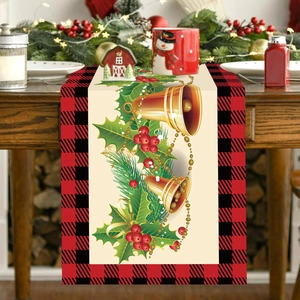 Christmas table runner with red buffalo plaid border and festive bells design