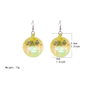 Detailed dimensions and weight of yellow disco ball earrings with metal hooks