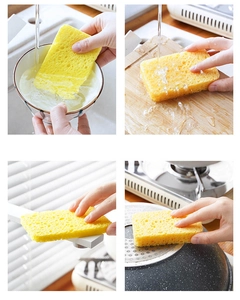 Kitchen wood pulp sponges cleaning various surfaces like bowls, faucets and cookware