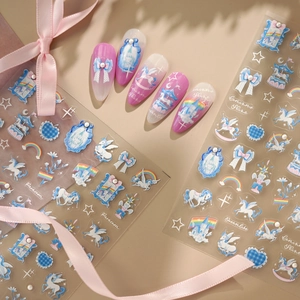 Dreamy blue and purple unicorn nail stickers with castle and rainbow designs for women