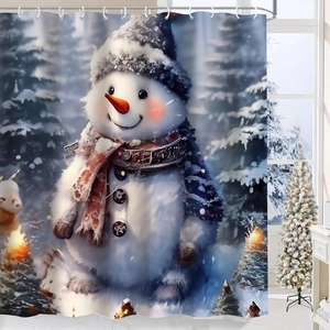 Detail view of festive snowman pattern on waterproof polyester Christmas shower curtain