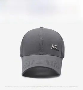 Front view of a dark grey men's baseball cap featuring a metal logo and reinforced stitching