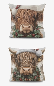 Détail de l'illustration de vache des Highlands sur des housses de coussin en lin rustique