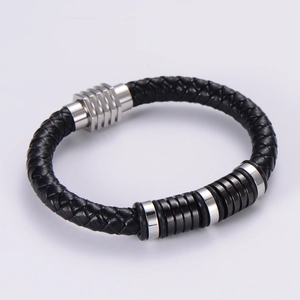 Punk rock style woven black leather bracelet for men with silver stainless steel clasp