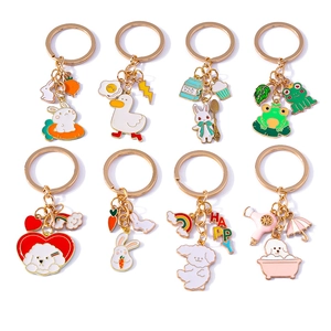 Cartoon animal keychain set with enamel bunny duck and frog charms on gold rings