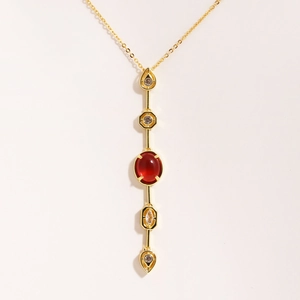 Copper Long Pendant Necklace Gold Plated Red Gemstone White Cubic Zirconia Vertical Geometric Elegant Fashion For Women