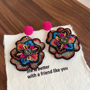 Bohemian embroidered floral stud earrings with rhinestones and colorful beads