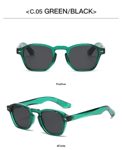 Dual view of round green transparent sunglasses with black lenses and decorative metal pins