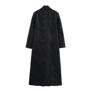 Chic black jacquard long coat with structured shoulders and double-breasted back view