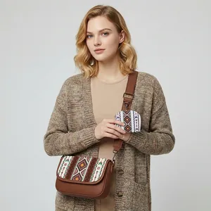 Bohemian canvas shoulder bag with geometric patterns and a mini detachable round coin purse
