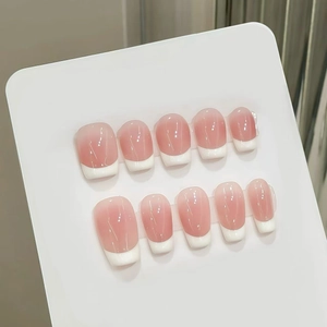 Handmade Press On Nails Classic French Tip Cream Nude Pink Gradient Glossy Coffin Shape Fake Nails For Women Elegant