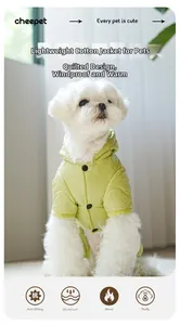 Detail of green quilted pet winter coat featuring windproof fabric and hooded design