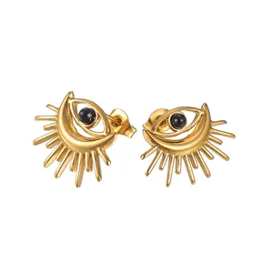 Retro golden evil eye earrings with black bead inlay and sunburst ray design