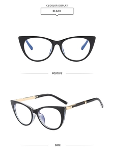 Front and side views of stylish black cat-eye glasses frames with gold metal accents