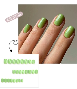 Glossy avocado green short square press-on nails set with 24 pieces display
