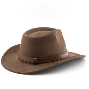 Close-up of wide brim dark brown suede cowboy hat with leather decorative band