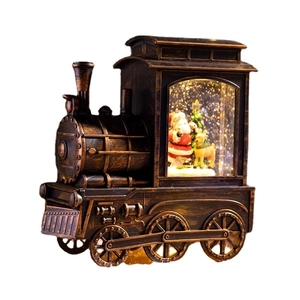 Vintage bronze train Christmas lantern with Santa scene and swirling glitter snow effect