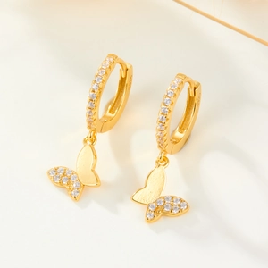 Elegant gold S925 silver hoop earrings with butterfly pendant and pavé cubic zirconia