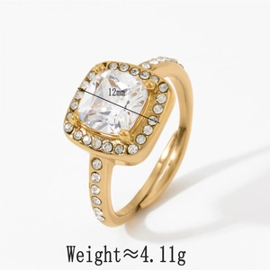 Detailed view of irregular gold ring with 12mm square stone and 4.11g weight info