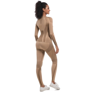 Detail view of coffee brown seamless yoga set showing breathable mesh and knit textures