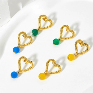 Blue agate heart drop earrings with irregular hammered gold texture and colorful beads