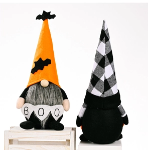 Detailed front and back view of Halloween gnome dolls with bat hats and BOO banner