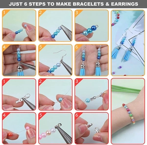 6-step tutorial for DIY bracelets and earrings using colorful 6mm pearls and accessories