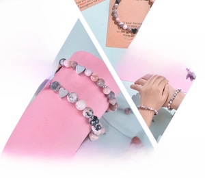 Pink zebra stone bracelet set for mother and daughter with heart charms and gift card