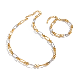Two-tone gold and silver stainless steel chain necklace and bracelet set for women