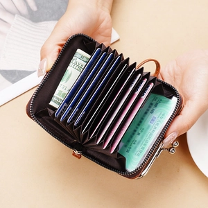 Portafoglio in pelle marrone con chiusura in metallo e scomparti per carte tra le mani