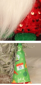Detail of Christmas gnome showing white faux fur beard and green let it snow sequin hat