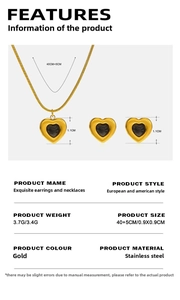 Detailed size chart of gold heart necklace and earring set in stainless steel