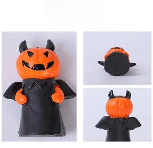 Detailed front and back views of Halloween pumpkin devil figurines with black capes