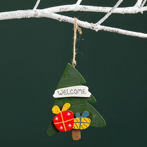 Festive wooden Christmas tree pendants with Welcome text and rustic hemp rope hanging ornaments